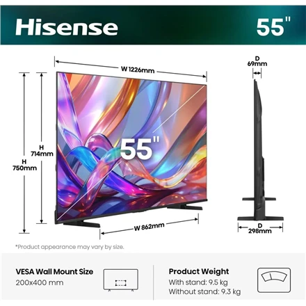 Televizorius Hisense 55E7S 55" QLED 4K VidaaOS 60Hz Dolby Atmos 2026