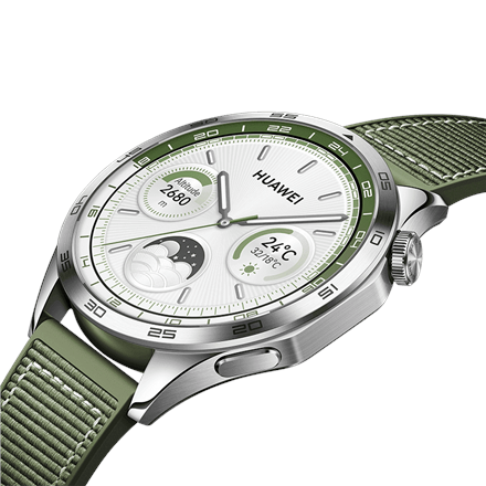 Išmanusis laikrodis Huawei Watch GT 4 Active (46 mm), Nerūdijančio plieno korpusas su austu žalios spalvos kompoziciniu dirželiu
