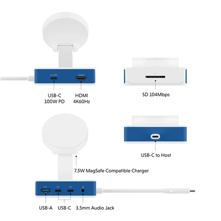 Targus „Hyper HyperDrive Flex MagCharge“ USB-C šakotuvas, Baltas/Mėlyna | HD8100BUGL | HDMI jungtys kiekis: 1