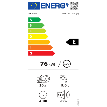 INDESIT Indaplovė | DSFO 3T224 C | Laisvai pastatoma | Plotis 45 cm | Vietų rinkinių skaičius: 10 | Programų skaičius: 9 | Energijos vartojimo efektyvumo klasė: E | Ekranas | Baltas