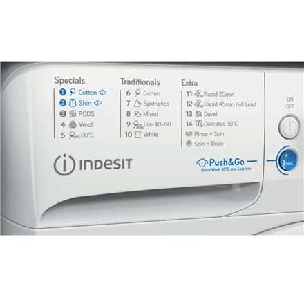 INDESIT | Skalbimo mašina | BWE 91496X WSV EE | Energy efficiency class A | Front loading | Skalbimo talpa 9kg | 1400 RPM | Gylis 63 cm | Plotis 59.5 cm | Digital | Baltas
