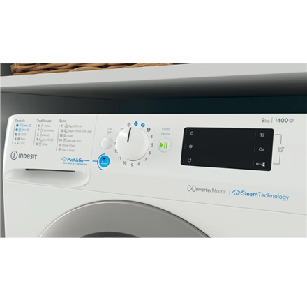 INDESIT | Skalbimo mašina | BWE 91496X WSV EE | Energy efficiency class A | Front loading | Skalbimo talpa 9kg | 1400 RPM | Gylis 63 cm | Plotis 59.5 cm | Digital | Baltas