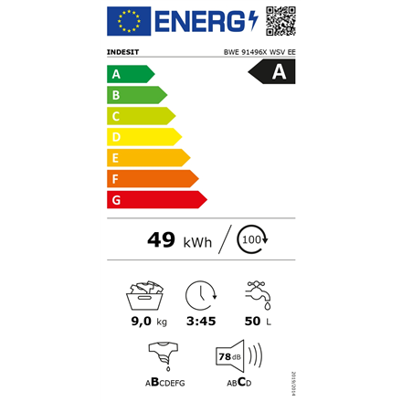 INDESIT | Skalbimo mašina | BWE 91496X WSV EE | Energy efficiency class A | Front loading | Skalbimo talpa 9kg | 1400 RPM | Gylis 63 cm | Plotis 59.5 cm | Digital | Baltas