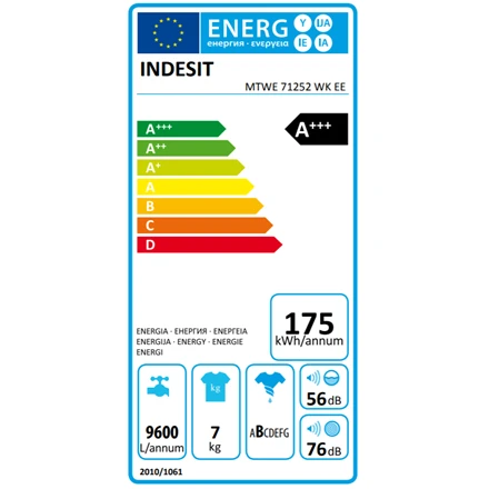 INDESIT | Skalbimo mašina | MTWE 71252 WK EE | Energy efficiency class E | Front loading | Skalbimo talpa 7kg | 1200 RPM | Gylis 54 cm | Plotis 59.5 cm | Ekranas | Big Digit | Baltas