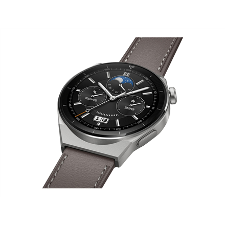 Išmanusis laikrodis Huawei Watch GT 3 Pro Titanium (46mm), Titano spalvos korpusas su pilkos spalvos odiniu dirželiu