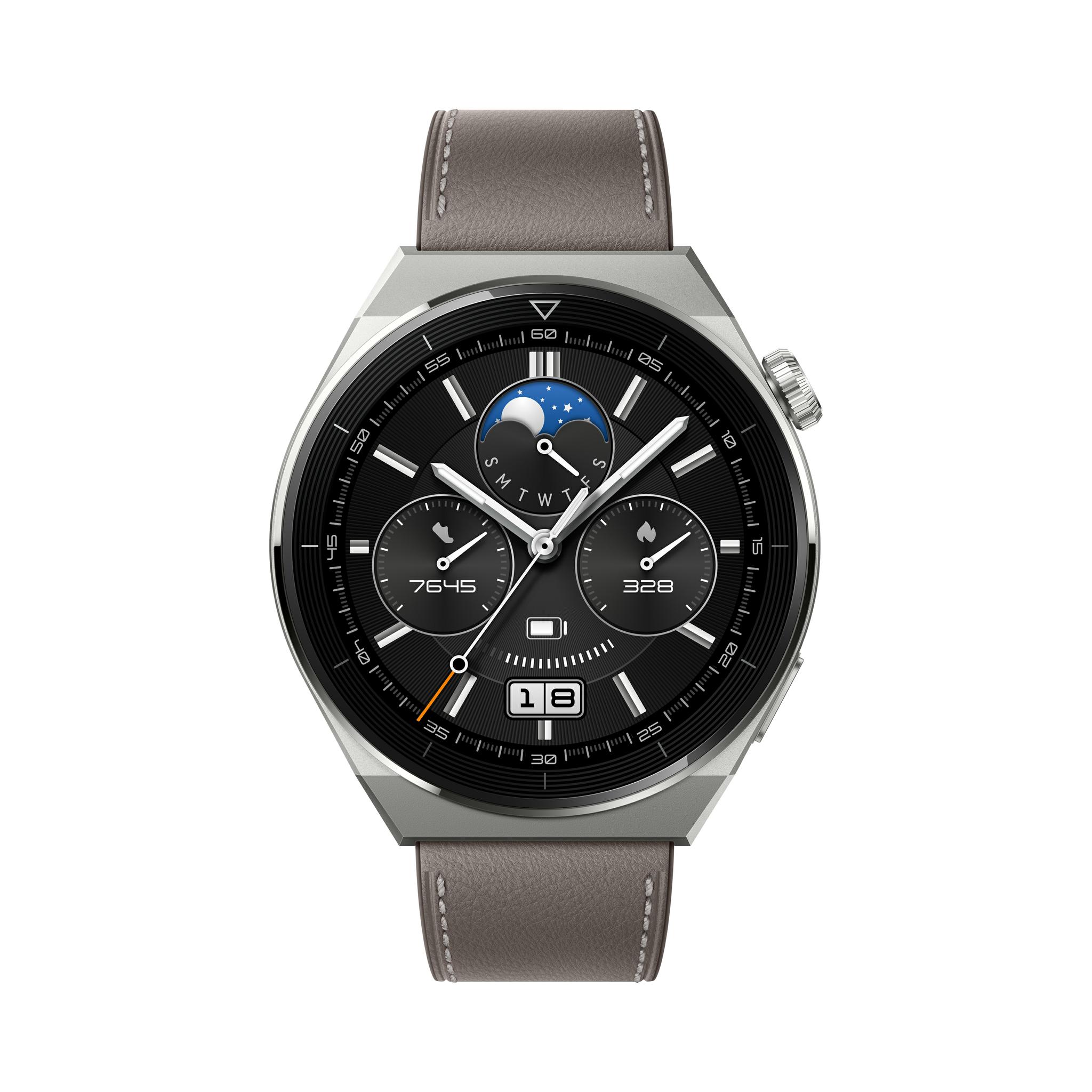 Išmanusis laikrodis Huawei Watch GT 3 Pro Titanium (46mm), Titano spalvos korpusas su pilkos spalvos odiniu dirželiu