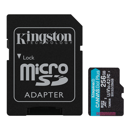 Atminties kortelė „Kingston“ 256 GB „Micro SDXC Canvas Go Plus 170R A2 U3 V30“ kortelė su ADP