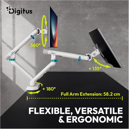 Assmann Electronic DIGITUS dvigubo monitoriaus laikiklis 2x35 colių 2x10kg mechaninė spyruoklinė VESA 75x75 100x100 Baltas