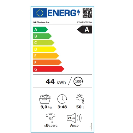 LG | Skalbimo mašina | F2WR909P3W | Energy efficiency class A | Front loading | Skalbimo talpa 9kg | 1200 RPM | Gylis 47.5 cm | Plotis 60 cm | LED | Steam function | Direct drive | Wi-Fi | Baltas