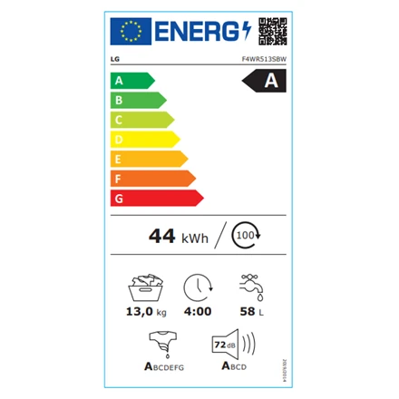 LG | Skalbimo mašina | F4WR513SBW | Energy efficiency class A-10% | Front loading | Skalbimo talpa 13 kg | 1400 RPM | Gylis 61.5 cm | Plotis 60 cm | LED | Direct drive | Baltas