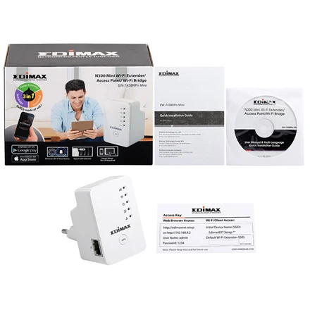 Edimax plėstuvas / prieigos taškas / tiltas EW-7438RPn Mini 802.11n, 2,4 GHz, 300 Mbit/s, 10/100 Mbit/s, Ethernet LAN (RJ-45) jungtys 1, antenos tipas 2x vidinė