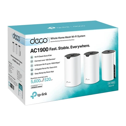 Maršrutizatorius TP-LINK | AC1900 viso namo tinklinio „Wi-Fi“ sistema | „Deco S7“ (3 vnt. pakuotė) | 802.11ac | 10/100/1000 Mbit/s | Ethernet LAN (RJ-45) jungtys 1 | Tinklo palaikymas: Taip | MU-MiMO: Taip | Ne, mobilusis plačiajuostis ryšys | Antenos tipas: Vidinė