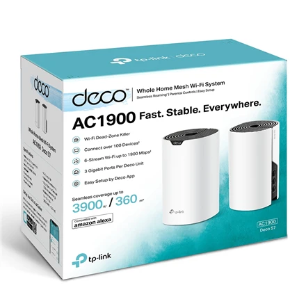 Maršrutizatorius TP-LINK | AC1900 viso namo tinklinio „Wi-Fi“ sistema | „Deco S7“ (2 vnt. pakuotė) | 802.11ac | 10/100/1000 Mbit/s | Ethernet LAN (RJ-45) jungtys 1 | Tinklo palaikymas: Taip | MU-MiMO: Taip | Ne, mobilusis plačiajuostis ryšys: | Antenos tipas: Vidinė