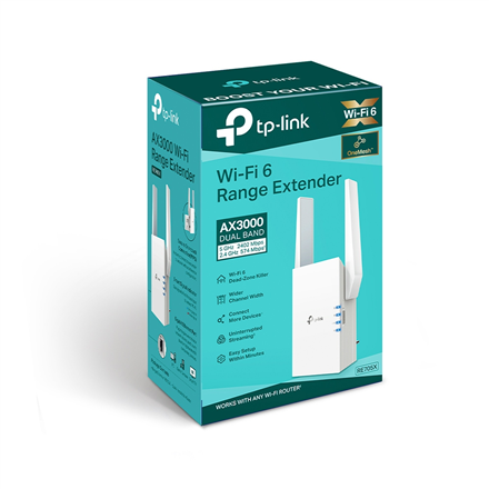 Maršrutizatorius TP-LINK | AX3000 Mesh WiFi 6 stiprintuvas | RE705X | 802.11ax | „Mesh“ palaikymas: taip | 2402+574 Mbit/s | Ethernet LAN (RJ-45) jungtys: 1 | Nėra mobiliojo plačiajuosčio ryšio | MU-MiMO: ne | Antenos tipas: 2x išorinės