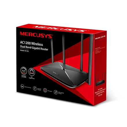 TP-Link Mercusys | AC1300 Wireless Dual Band Gigabit Maršrutizatorius | AC12G | 802.11ac | 400+867 Mbit/s | 10/100/1000 Mbit/s | Ethernet LAN (RJ-45) jungtys 3 | Mesh Support No | MU-MiMO Yes | No mobile broadband | Antenna type 4xFixed | No