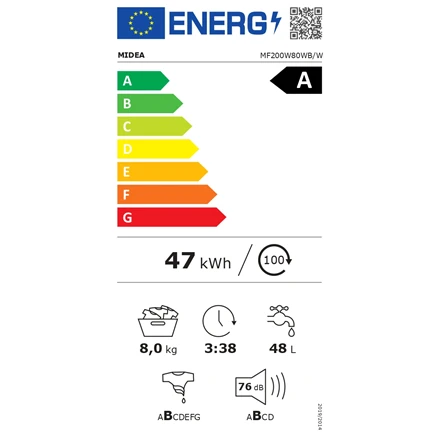 Midea | Skalbimo mašina | MF200W80WB/W-HR | Energy efficiency class A | Front loading | Skalbimo talpa 8kg | 1400 RPM | Gylis 48 cm | Plotis 60 cm | Ekranas | LCD | Steam function | Baltas