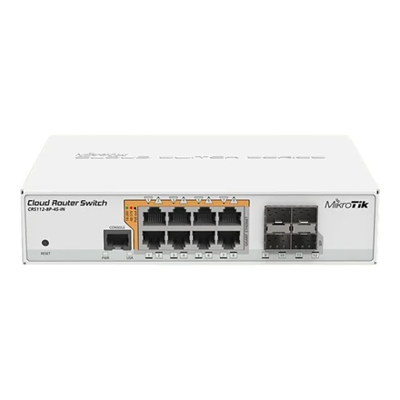 MikroTik CRS112-8P-4S-IN tinklo įrenginio priekinė panelė
