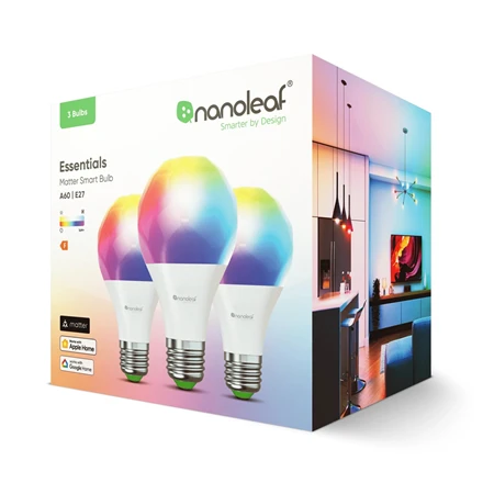 Nanoleaf Essentials Smart A60 lemputė E27 Matter 9W 806Lm RGBCW 2700-6500K, 3vnt pakuotė | E27 | 8,5 W | RGBCW | Bluetooth, siūlai