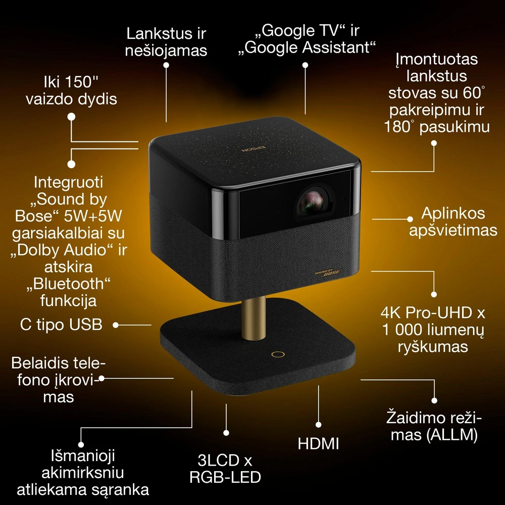 Nešiojamas projektorius Epson Lifestudio Flex Plus EF-73, juodas (V11HC16840)