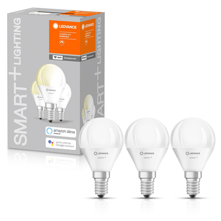 Ledvance SMART+ WiFi Classic Mini Lemputė Pritemdoma Šilta Baltas 40 5W 2700K E14, 3vnt pakuotė Ledvance SMART+ WiFi Mini Lemputė Reguliuojama Šilta Baltas 40 5W 2700K E14, 3vnt pakuotė E14 5 W Šilta Baltas 2700K