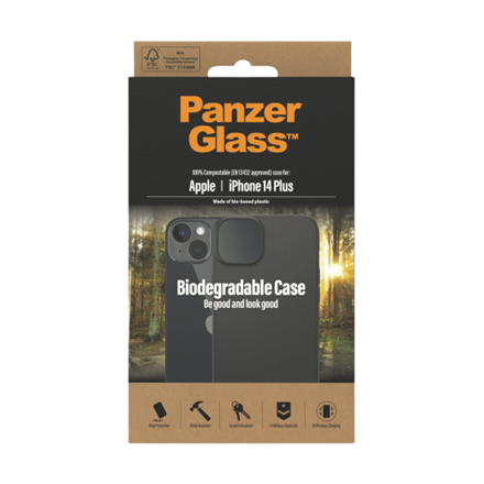 Panzer Glass PanzerGlass | Biologiškai skaidus dėklas | Nugaros apsauga | Apple | iPhone 14 Plus | Biologinis plastikas | Juodas | Suderinamas su belaidžiu įkrovimu; Karinio laipsnio standartas; 100% kompostuojamas