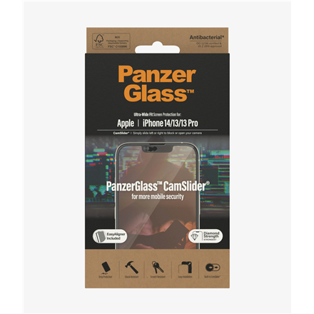 Panzer Glass PanzerGlass | CamSlider | Apple | iPhone 14/13/13 Pro | Grūdintas stiklas | Išvalyti | Apsaugo visą ekraną; 100% prisilietimas; Lengva montuoti | Ekrano apsauga