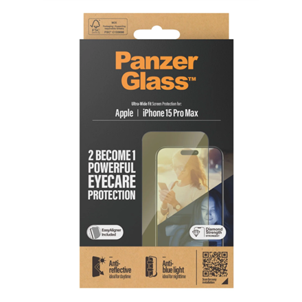 Panzer Glass PanzerGlass | Ekrano apsauga | Apple | iPhone 15 Pro Max | Stiklas | Išvalyti | Itin platus pritaikymas; Lengvas montavimas; Atsparus pirštų atspaudams; Anti-mėlynas šviesa; Neatspindintis; Apsaugo nuo pageltimo | Akių priežiūra