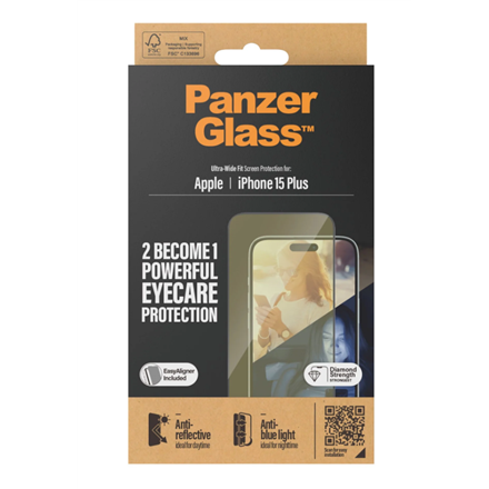 Panzer Glass PanzerGlass | Ekrano apsauga | Apple | iPhone 15 Plus | Stiklas | Išvalyti | Itin platus pritaikymas; Lengvas montavimas; Atsparus pirštų atspaudams; Anti-mėlynas šviesa; Neatspindintis; Apsaugo nuo pageltimo | Akių priežiūra