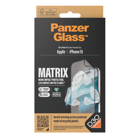 Panzer Glass PanzerGlass | Ekrano apsauga | Apple | iPhone 15 | Perdirbtas plastikas | Skaidrus | Itin platus pritaikymas; Lengvas montavimas; Atsparus pirštų atspaudams; Apsaugo nuo pageltimo; Lietimo jautrumas | MATRIX su D3O