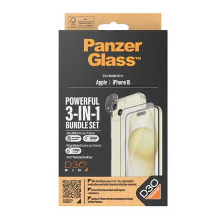 Panzer Glass PanzerGlass | Panzerglass 3-in-1 pakuotė | iPhone | iPhone 15 | Išvalyti | Suderinamas su belaidžiu įkrovimu. Atsparus įbrėžimams ir smūgiams | „PicturePerfect“ fotoaparato objektyvo apsauga, su belaidžiu įkrovimu suderinamas kietasis dėklas ir itin platus ekrano apsauginis sluoksnis