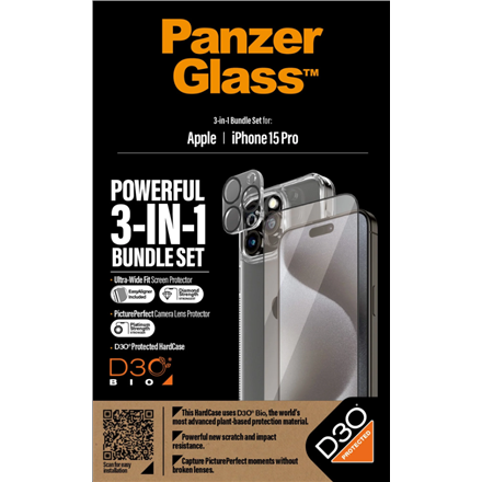 Panzer Glass PanzerGlass | Panzerglass 3-in-1 pakuotė | iPhone | iPhone 15 Pro | Išvalyti | „PicturePerfect“ fotoaparato objektyvo apsauga, su belaidžiu įkrovimu suderinamas kietasis dėklas ir itin platus ekrano apsauginis sluoksnis