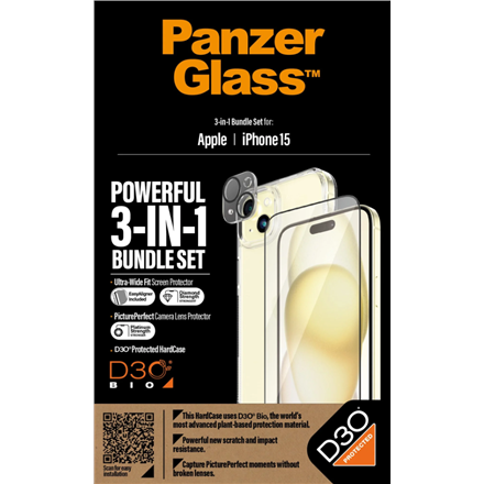 Panzer Glass PanzerGlass | Panzerglass 3-in-1 pakuotė | iPhone | iPhone 15 | Išvalyti | Suderinamas su belaidžiu įkrovimu. Atsparus įbrėžimams ir smūgiams | „PicturePerfect“ fotoaparato objektyvo apsauga, su belaidžiu įkrovimu suderinamas kietasis dėklas ir itin platus ekrano apsauginis sluoksnis