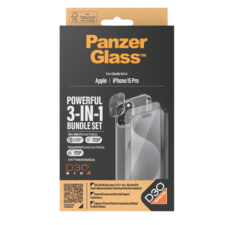 Panzer Glass PanzerGlass | Panzerglass 3-in-1 pakuotė | iPhone | iPhone 15 Pro | Išvalyti | „PicturePerfect“ fotoaparato objektyvo apsauga, su belaidžiu įkrovimu suderinamas kietasis dėklas ir itin platus ekrano apsauginis sluoksnis