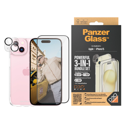 Panzer Glass PanzerGlass | Panzerglass 3-in-1 pakuotė | iPhone | iPhone 15 | Išvalyti | Suderinamas su belaidžiu įkrovimu. Atsparus įbrėžimams ir smūgiams | „PicturePerfect“ fotoaparato objektyvo apsauga, su belaidžiu įkrovimu suderinamas kietasis dėklas ir itin platus ekrano apsauginis sluoksnis