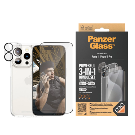 Panzer Glass PanzerGlass | Panzerglass 3-in-1 pakuotė | iPhone | iPhone 15 Pro | Išvalyti | „PicturePerfect“ fotoaparato objektyvo apsauga, su belaidžiu įkrovimu suderinamas kietasis dėklas ir itin platus ekrano apsauginis sluoksnis