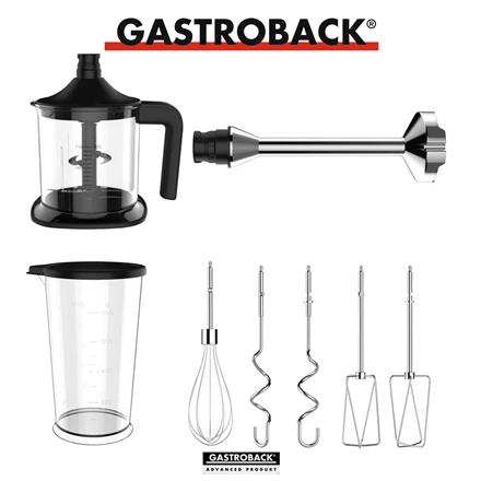 Plakiklis Gastroback Design Hand Mixer Pro 40983 Nerūdijantis plienas/Juodas, Hand mixer, 500 W, Greičių skaičius 5, Shaft material Nerūdijantis plienas, Mini chopper,