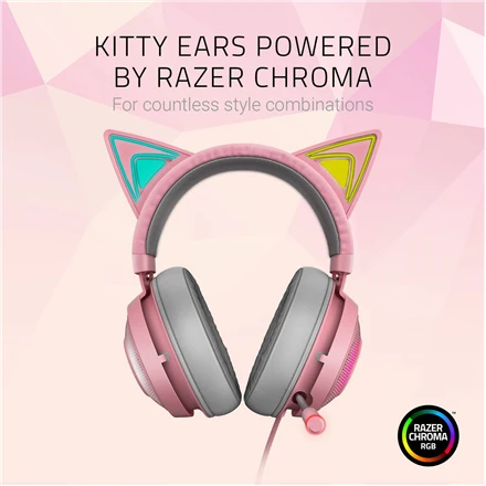 Žaidimų Ausinės Razer Kraken Kitty Edition Quartz, Chroma RGB, ANC mikrofonas, THX erdvinis garsas, USB jungtis, rožinės