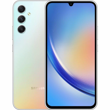 Samsung | Galaxy | A34 A346 | Nuostabus Sidabrinis | 6,6" | Super AMOLED | 1080 x 2340 pikselių | Mediatek | Matmenys 1080 (6 nm) | Vidinė RAM 6 GB | 128 GB | Micro SDXC | Dvi SIM kortelės | Nano-SIM | 4G | 5G | Pagrindinė kamera 48+8+5 MP |. Antrinė kamera 13 MP |