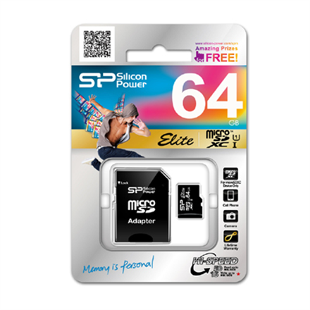 Atminties kortelė Silicon Power 64GB Micro SDXC UHS-I, SDR 50 režimas, 10 klasė, su SD adapteriu