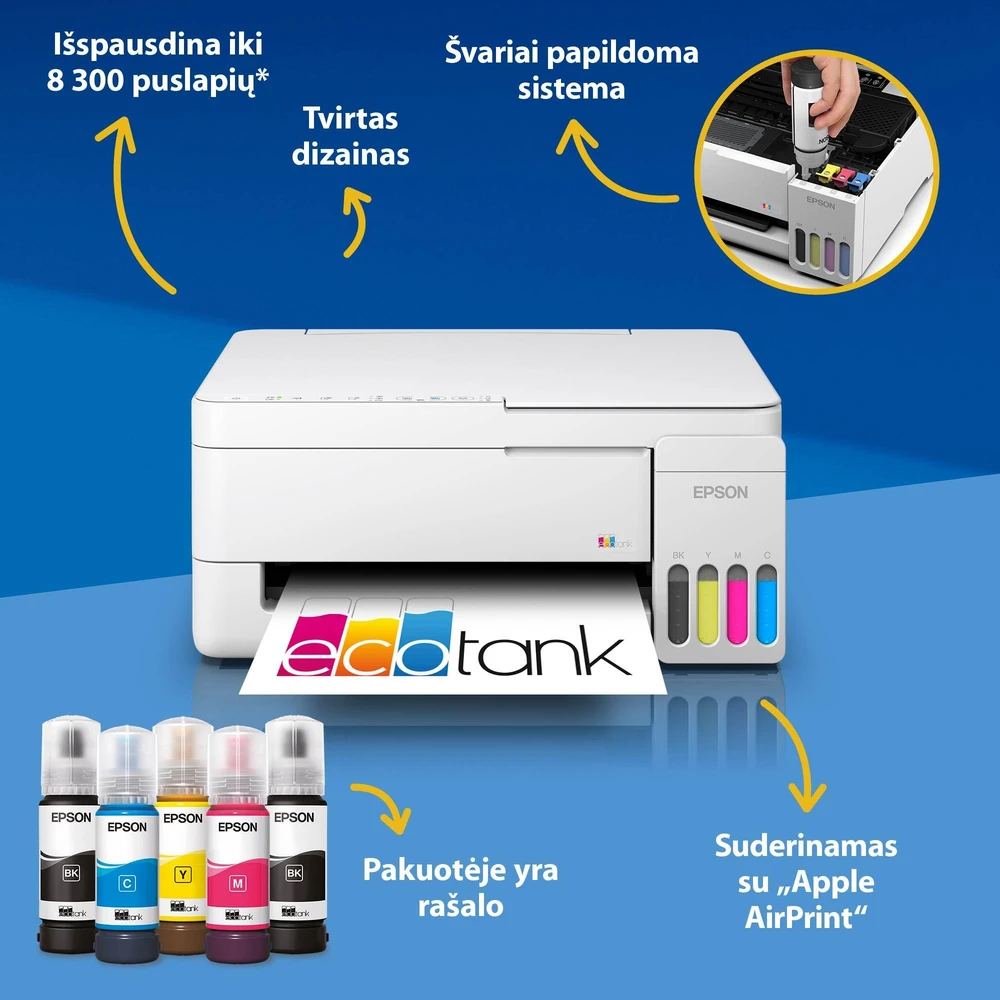 Daugiafunkcis rašalinis spausdintuvas Epson EcoTank L3356, A4, spalvotas, Wi-Fi, Wi-Fi Direct, AirPrint, baltas | C11CL62412