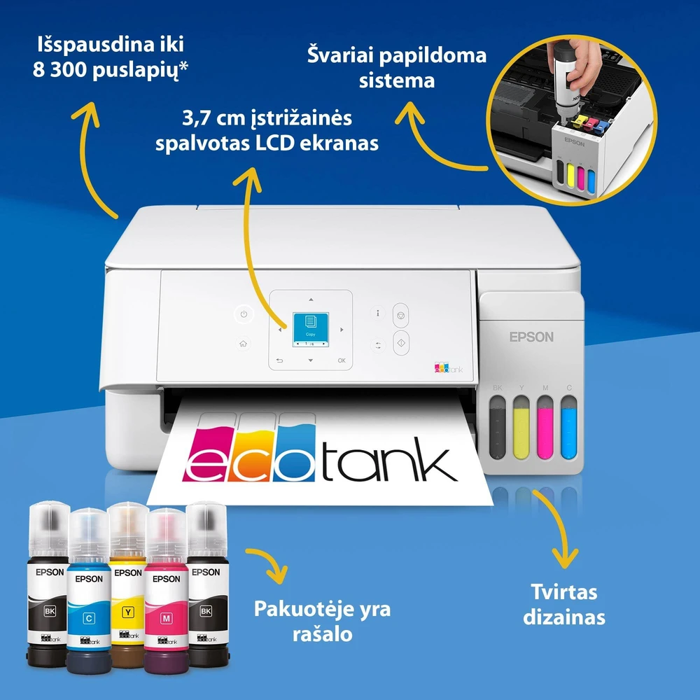 Daugiafunkcis rašalinis spausdintuvas Epson EcoTank L3366, A4, spalvotas, Wi-Fi, Wi-Fi Direct, AirPrint, LCD ekranas, baltas | C11CL63411