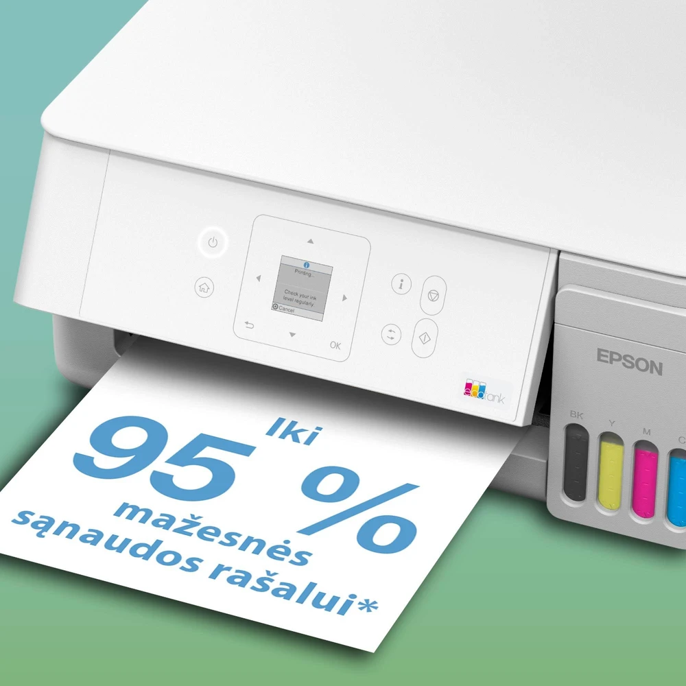 Daugiafunkcis rašalinis spausdintuvas Epson EcoTank L3366, A4, spalvotas, Wi-Fi, Wi-Fi Direct, AirPrint, LCD ekranas, baltas | C11CL63411