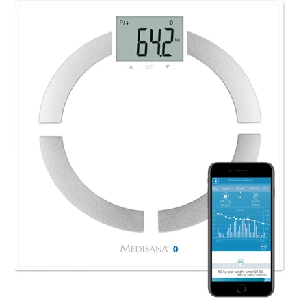 Medisana BS 444 kūno analizės svarstyklės, nerūdijančio plieno, Bluetooth | Medisana | BS 444 | Automatinis išjungimas | Kūno riebalų analizė | Kūno masės indekso (KMI) matavimas | Kūno vandens procentas | Kaulų masės analizė | Maksimalus svoris (keliamoji galia) 180 kg | Atminties funkcija | Keli vartotojai | Kūno skalė