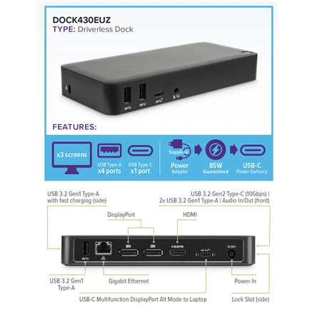 TARGUS USB-C MULTI-FUNCTION DISPLAYPORT ALT. MODE TRIPLE VIDEO DOCKING STATION WITH 85W POWER