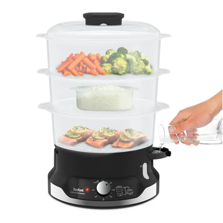 Garų puodas TEFAL | Maisto garintuvas | VC204810 Ultracompact | Juodas | 800 W | Talpa 9 l | Krepšelių skaičius 3