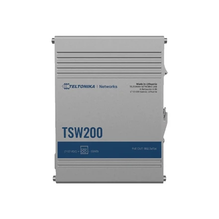 Teltonika | Ethernet komutatorius | TSW200 | Nevaldomas | Stalinis | Gigabito Ethernet (varinis) jungčių kiekis: 8 | 10 Gbps (RJ-45) jungčių kiekis: 0 | SFP jungčių kiekis: 2 | SFP+ jungčių kiekis: 0 | Combo jungčių kiekis: 0 | Maitinimo per Ethernet (PoE) jungčių kiekis: 8 | Maitinimo šaltinio tipas: Apsaugos klasė: IP30 | 24 mėn.
