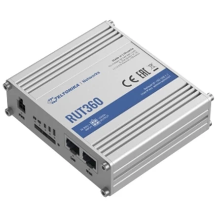 Teltonika | Pramoninis korinio ryšio maršrutizatorius | RUT360 LTE CAT6 | 1 x LAN jungtis, 10/100 Mbps, atitinka IEEE 802.3, IEEE 802.3u standartus, palaiko automatinį MDI/MDIX perjungimą, Mbit/s | Ethernet LAN (RJ-45) jungtys, 2 x RJ45 jungtys, 10/100 Mbps | Mesh palaikymas: Ne | MU-MiMO: Taip | 3G/4G duomenų bendrinimas | Antenos tipas: 2 x SMA, skirta LTE, 2 x RP-SMA, skirta WiFi