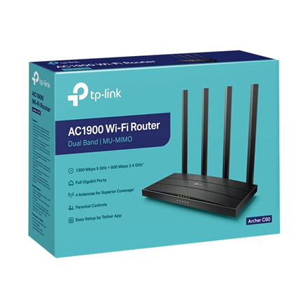 TP-LINK Archer C80 TP-Link Archer C80 AC1900 Dviejų juostų belaidis 802.11ac Gbit maršrutizatorius 4xLAN MU-MIMO