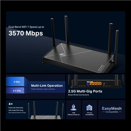 TP-LINK | Dviejų dažnių „Wi-Fi 7“ maršrutizatorius | Archer BE3600 | 802.11be | 2882 Mb/s | Tinklo ryšio palaikymas: Ne | MU-MiMO: Taip | Ne, mobilusis plačiajuostis ryšys: Ne