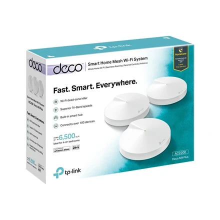 TP-LINK Mesh WiFi sistema Deco M9 Plus (3 pakuotės) 802.11ac 867 Mbit/s 10/100/1000 Mbit/s Ethernet LAN (RJ-45) jungtys 2 Mesh Support Taip MU-MiMO Taip Nėra mobiliojo plačiajuosčio ryšio Antenos tipas 8 x Vidinės antenos 1
